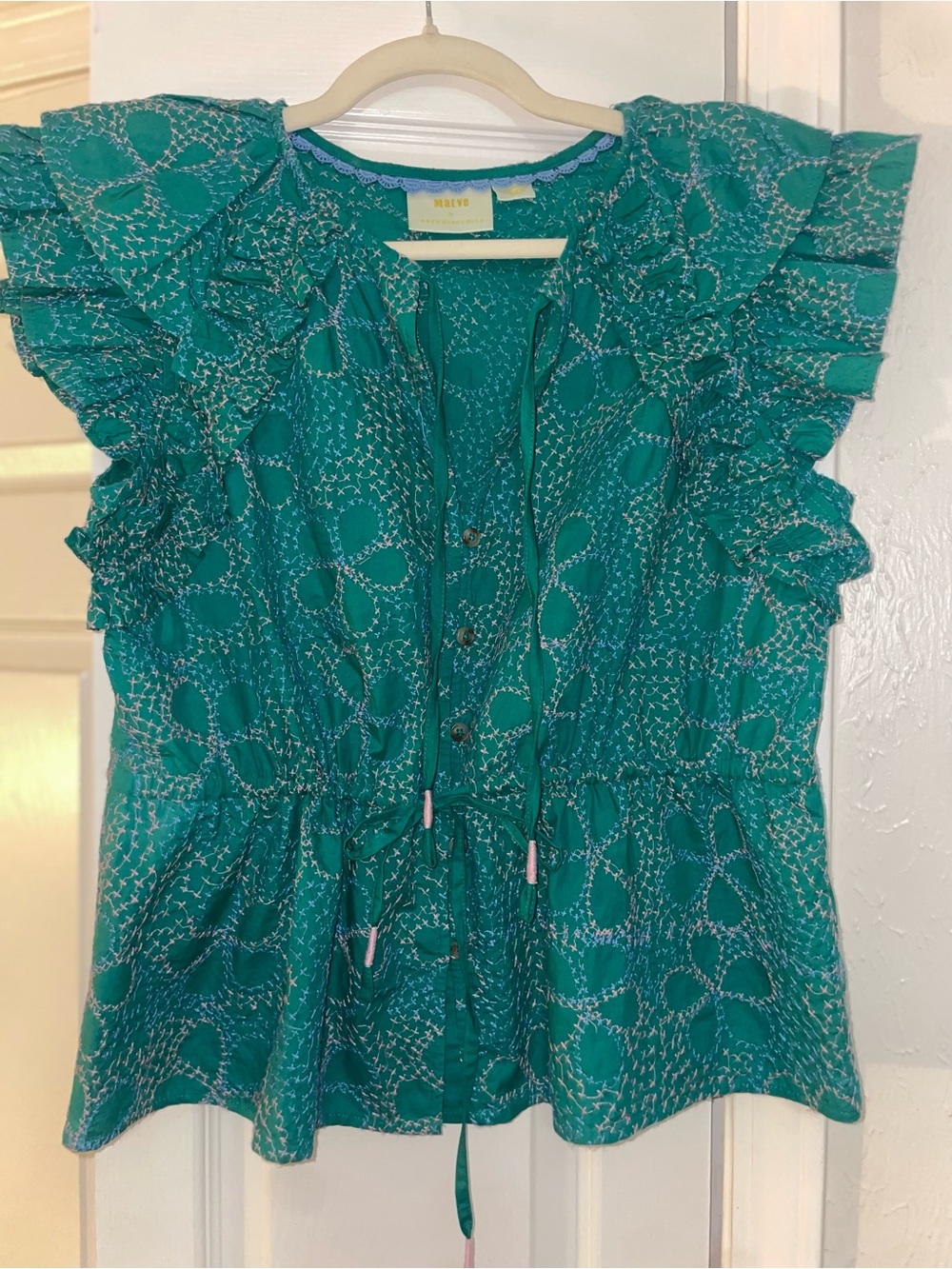 Maeve Anthropologie Embroidered Ruffle Sleeve Blouse Teal Size Medium